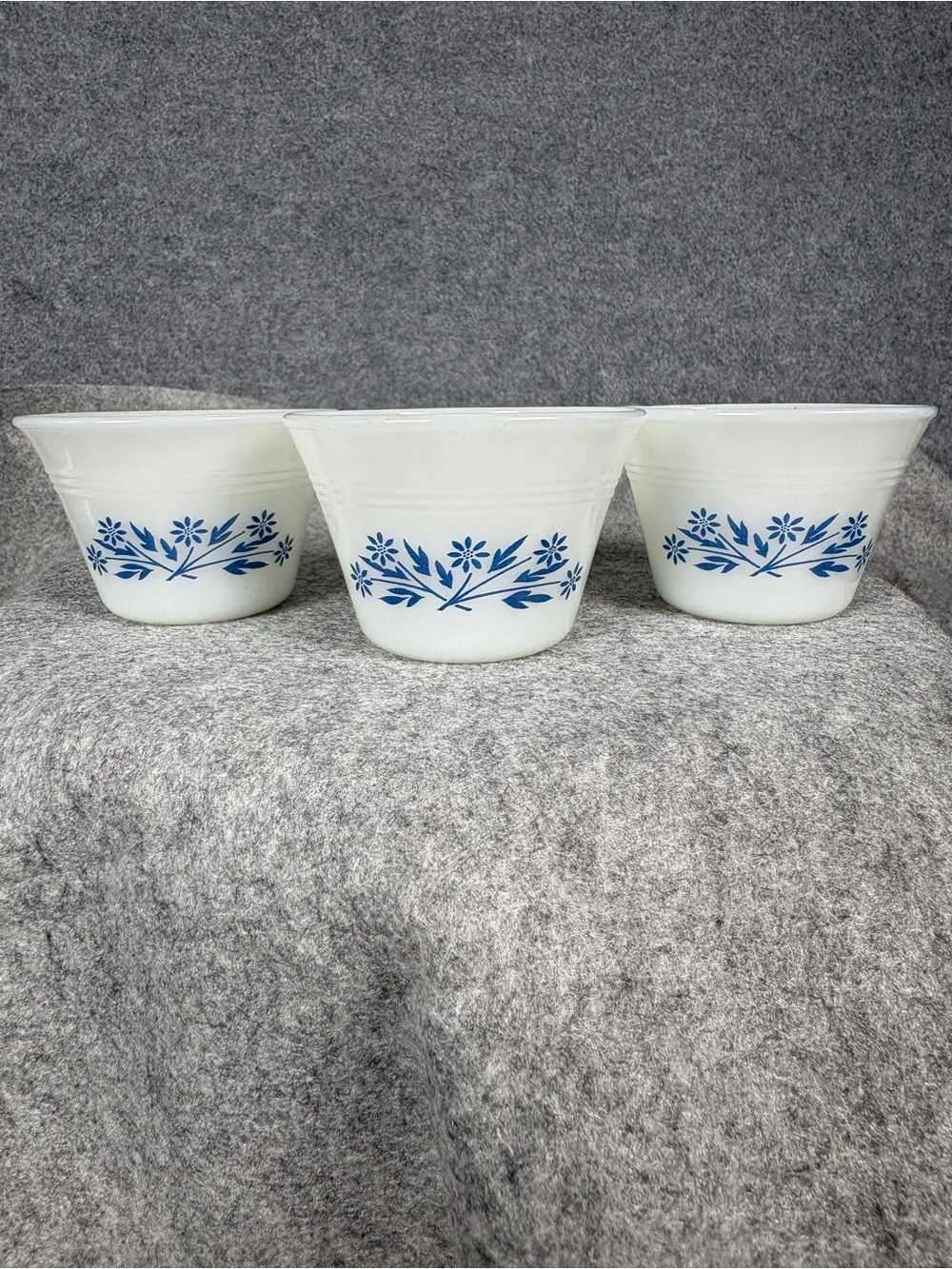 Vintage Corning Ware Blue Cornflower Milk Glass Cups Ramekins Set of 3 USA